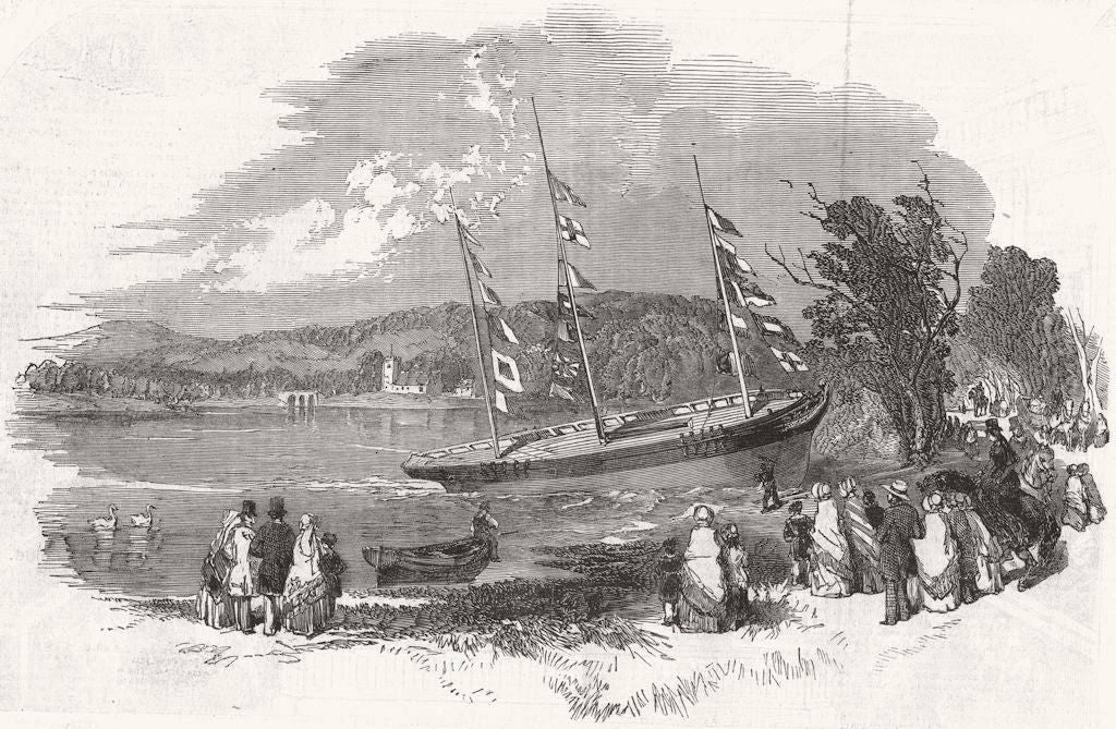 SHIPS. Launch of model Gun-Brig, in Eastwell-Park 1848 old antique print